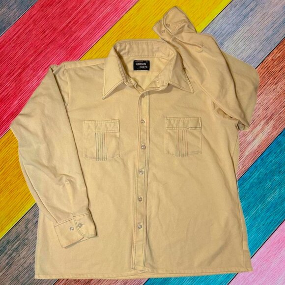 Vintage Arrow Cariton Crepe Yellow 1970s Long Sleeve Button Up Shirt 70s 60s - Picture 1 of 8